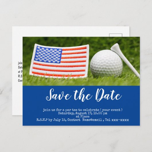 Golf redt de datum met golfbal en Amerikaanse vlag Briefkaart (Voorkant / Achterkant)
