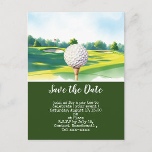 Golf redt de datum met golfbal op groen gras briefkaart