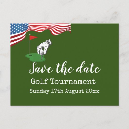 Golf Save the date Golf Tournament with U.S.A.flag Aankondigingskaart (Voorkant)