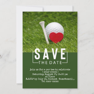 Golf save the date met golfbal en hartje rood kaart