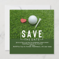 Golf save the date met golfbal en hartje rood