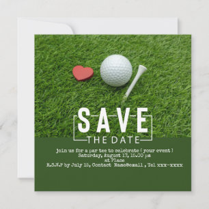 Golf save the date met golfbal en hartje rood kaart