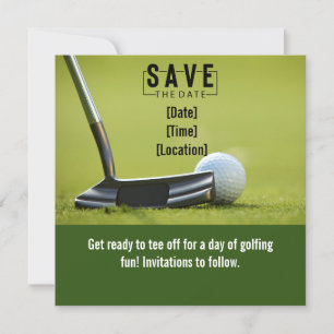 Golf Save the Date met golfbal op groen gras