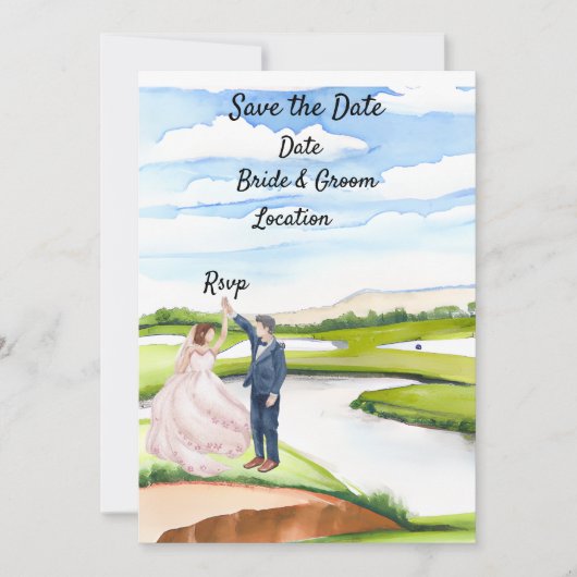 Golf Save the date Trouw Uitnodiging  Aquarel (Voorkant)