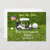 Golf Save the Date with golf ball & American flag Briefkaart (Voorkant / Achterkant)