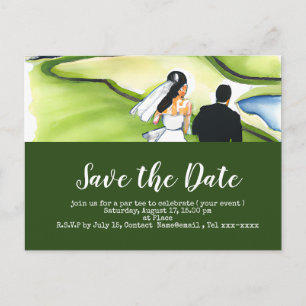 Golf slaat de datum op met golfer bride en groom briefkaart