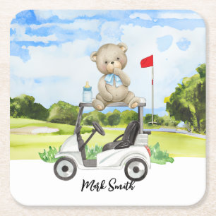 Golf Teddybeer op Golfkar voor Baby Golfer Vierkante Kartonnen Onderzetter