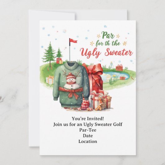 Golf Ugly Sweater Christmas Party Invitation Kaart (Voorkant)