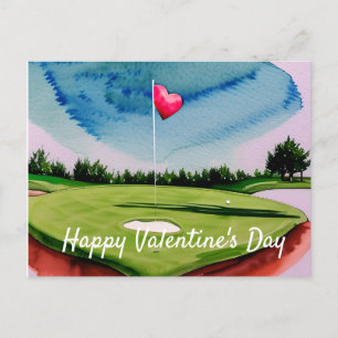 Golf Valentijnsdag op golfbaan aquarel Hol Feestdagenkaart