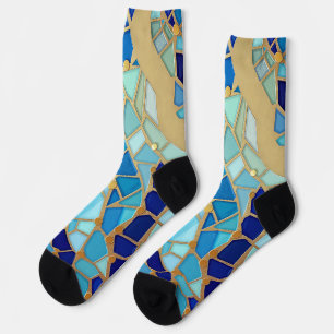 Golf van golven blauw en goud mozaïek Kunst Sokken