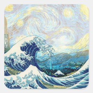 GOLF VAN KANAGAWA OP STERRENNACHT ACHTERGROND VIERKANTE STICKER