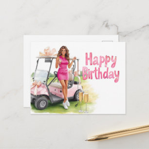 Golf verjaardag met golfer vrouw en roze kar briefkaart