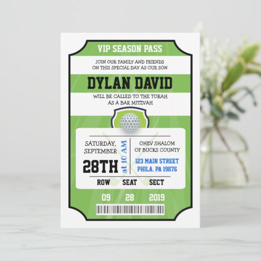 GOLF VIP TICKET Bar Bat Mitzvah Uitnodiging (Staand voorkant)