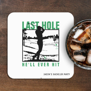 Golf vrijgezellenfeest grappig laatste gat dat hij vierkante kartonnen onderzetter