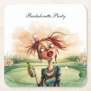 Golf vrijgezellenfeest voor vrouwelijke golfer vierkante kartonnen onderzetter