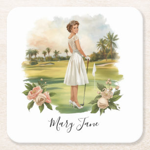 Golf Vrouw golfer op golfbaan Bruids- Vierkante Kartonnen Onderzetter