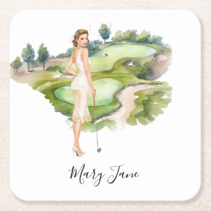 Golf Vrouw golfer op golfbaan Bruids- Vierkante Kartonnen Onderzetter