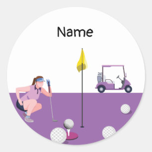 Golf-vrouw met Paars met kar en bal Ronde Sticker