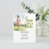 Golf vrouwelijke golfer is aan het golfen op de gr briefkaart (Staand voorkant)