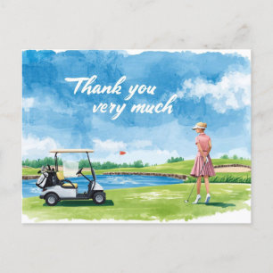 Golf vrouwelijke golfer met karretje op de green briefkaart
