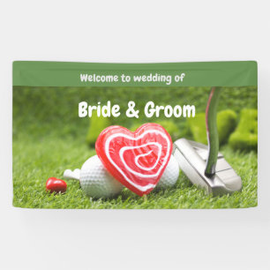 Golf welkom op bruiloft met golfbal en liefde spandoek