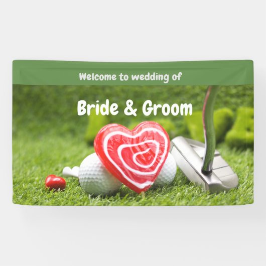Golf welkom op bruiloft met golfbal en liefde spandoek (Horizontaal)
