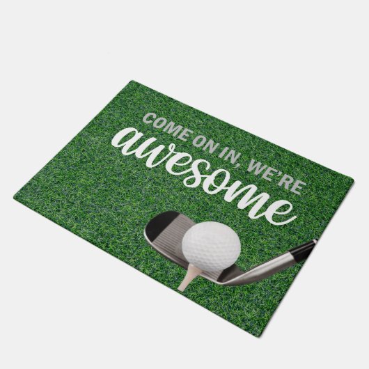 Golf Welkomstklep met ijzer en bal op groen Deurmat (Schuin)