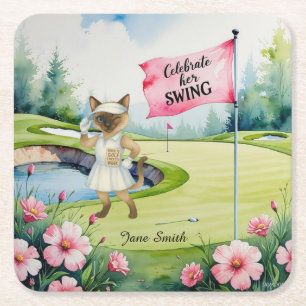 Golf Woman Toernooi voor Siamese Cat Golfer Vierkante Kartonnen Onderzetter