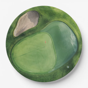 Golfbaan met bunker en putting green papieren bordje