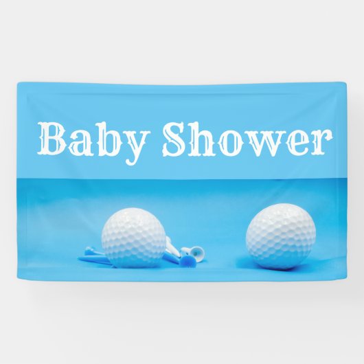 Golfbaby shower met golfbal en t-shirt op blauw spandoek (Horizontaal)