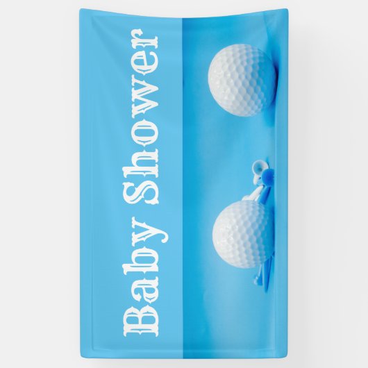 Golfbaby shower met golfbal en t-shirt op blauw spandoek (Verticaal)