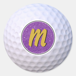 Golfbal Aanpasbaar Monogram Paars & Goud Ronde Sticker