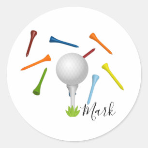 Golfbal en kleurrijk t-shirt op wit ronde sticker