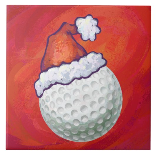 Golfbal in Santa Hat op rood Tegeltje (Voorkant)