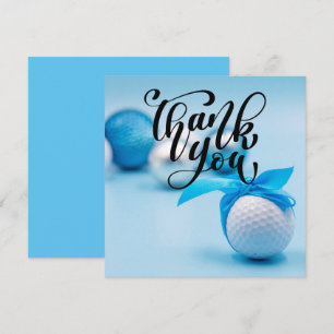 Golfbal met blauw lint voor baby showers jongen bedankkaart