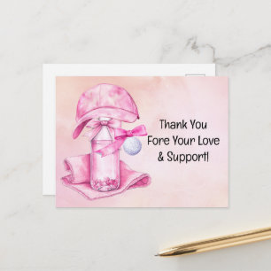 Golfbal met dank je wel op roze voor babymeisje  briefkaart