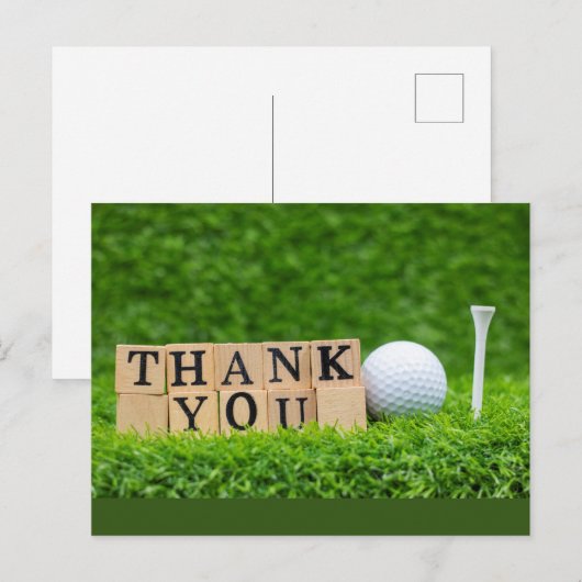 Golfbal met het woord dank je wel op groen gras briefkaart (Voorkant / Achterkant)