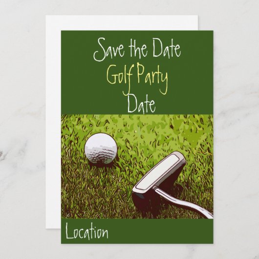 Golfbal met putter op groene grasuitnodiging kaart (Voorkant / Achterkant)