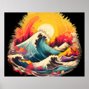 Golfbrekende golven onder een gouden zonsondergang poster