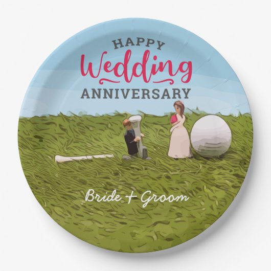 Golfbride en bruidegom met golfbal t-shirt Weddens Papieren Bordje (Voorkant)