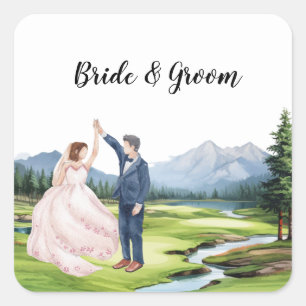 Golfbruiloft met bruid en bruidegom vierkante sticker