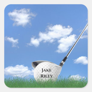 golfclub en -bal in gras vierkante sticker