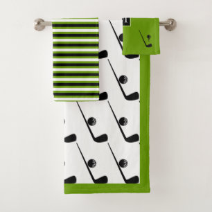 Golfclub en bal zwart, groene strepen monogram bad handdoek