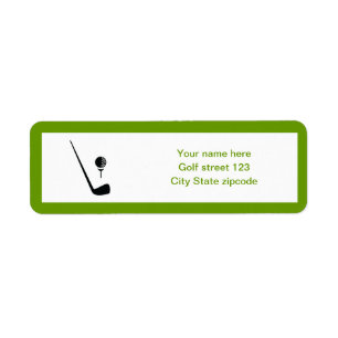 Golfclub en zwarte bal, groene gewoonte etiket
