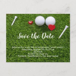 Golfen bewaar de datum met golfbal en t - shirts briefkaart