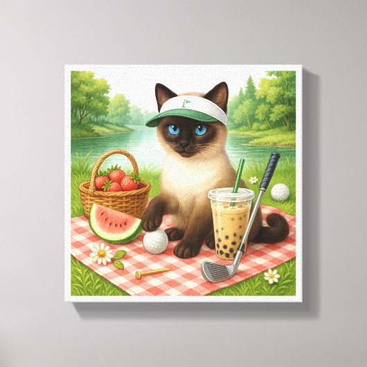 Golfer Cat is een picknick in de tuin Canvas Afdruk (Voorkant)