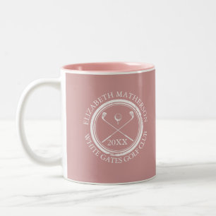 Golfer en clubnaam datum stoffig roze rood tweekleurige koffiemok