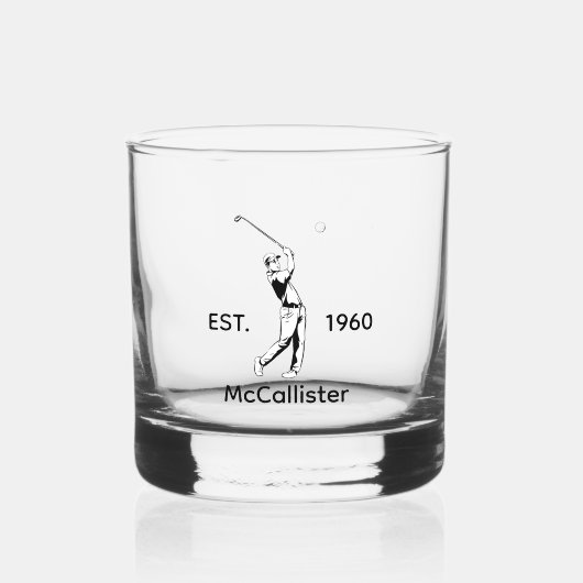 Golfer en gepersonaliseerde naam en jaar whisky glas (Voorkant)
