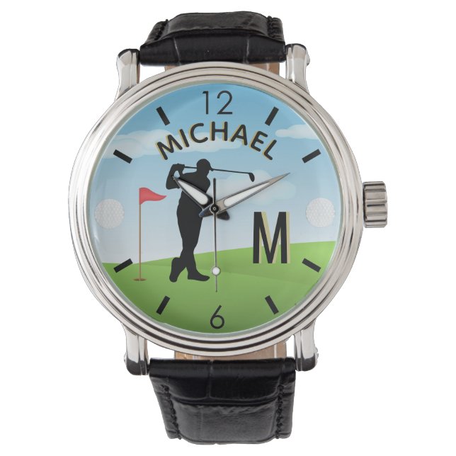Golfer Golf Course Custom Name 3-D Monogram Horloge (Voorkant)