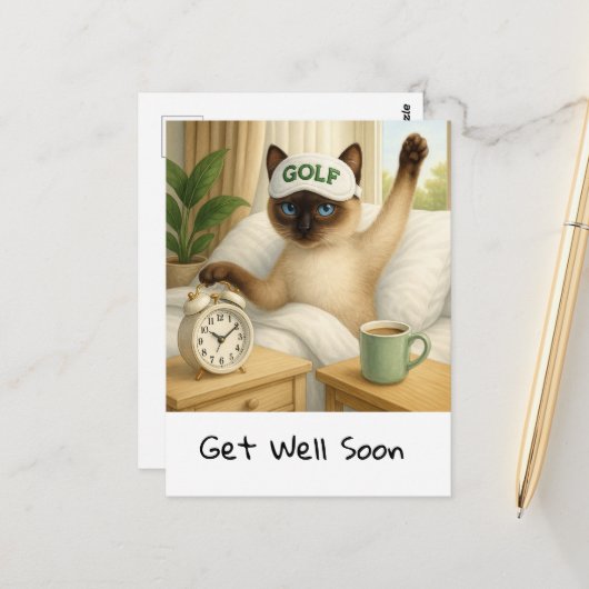 Golfer in bed for cat lovers to get well soon briefkaart (Voorkant / Achterkant in situ)